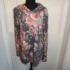 NWT-Sew In Love Gray Multicolor Flower Long Sleeve Hooded Tunic SZ:L